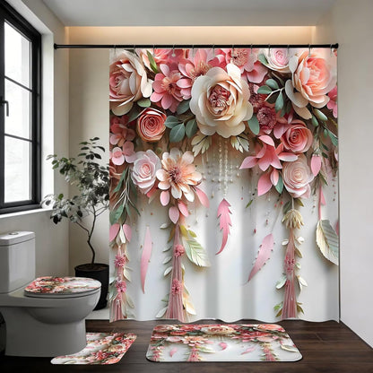 Pink Flower Bathroom Shower Curtain Set, Rose Shower Curtain and Rugs