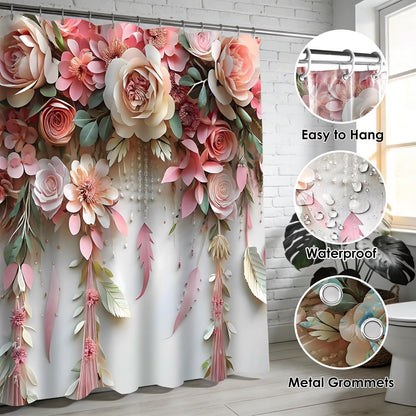 Pink Flower Bathroom Shower Curtain Set, Rose Shower Curtain and Rugs