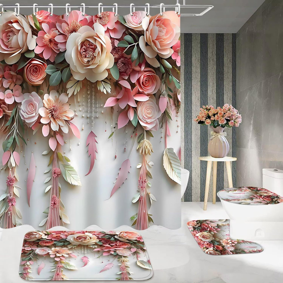 Pink Flower Bathroom Shower Curtain Set, Rose Shower Curtain and Rugs