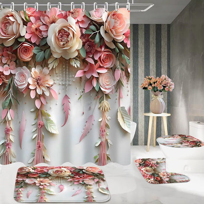 Pink Flower Bathroom Shower Curtain Set, Rose Shower Curtain and Rugs