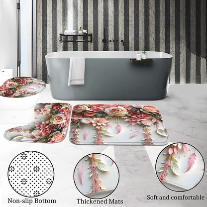 Pink Flower Bathroom Shower Curtain Set, Rose Shower Curtain and Rugs