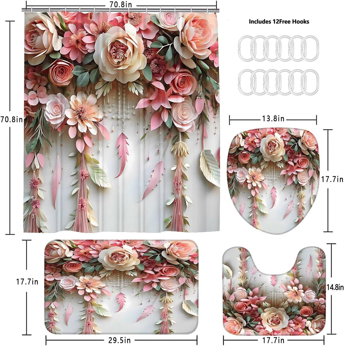 Pink Flower Bathroom Shower Curtain Set, Rose Shower Curtain and Rugs