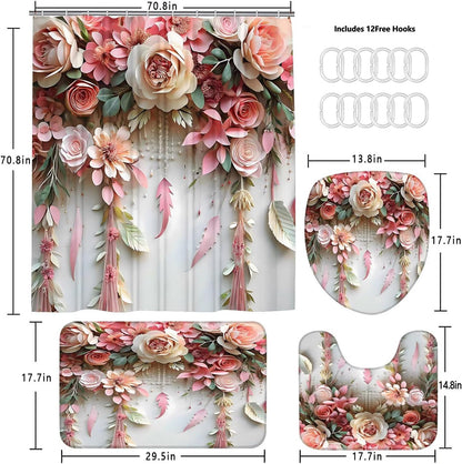 Pink Flower Bathroom Shower Curtain Set, Rose Shower Curtain and Rugs