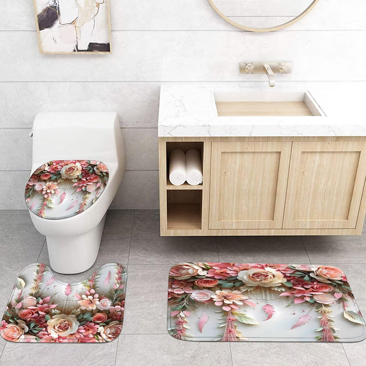 Pink Flower Bathroom Shower Curtain Set, Rose Shower Curtain and Rugs