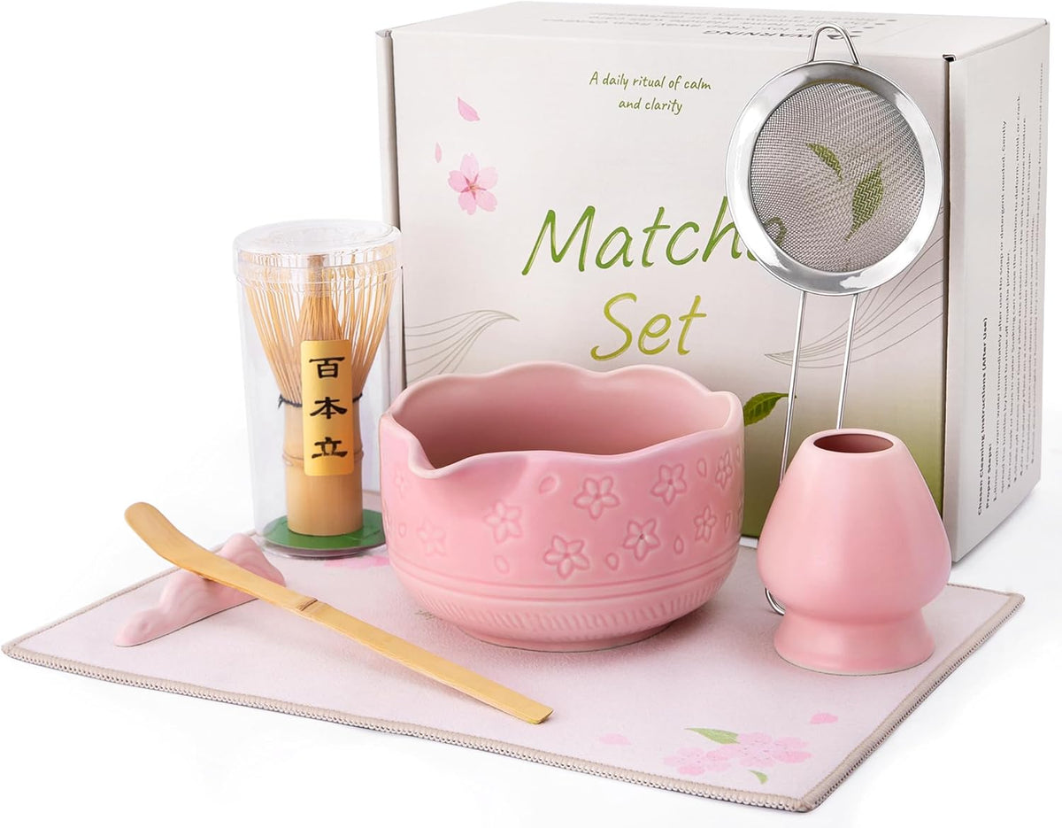 Matcha Whisk Gift Set - 7Pcs Ceramic Matcha Kit with Cherry Blossom