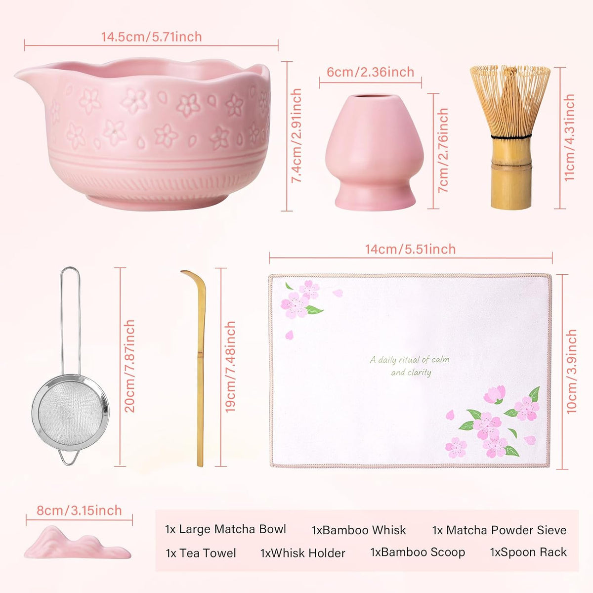 Matcha Whisk Gift Set - 7Pcs Ceramic Matcha Kit with Cherry Blossom