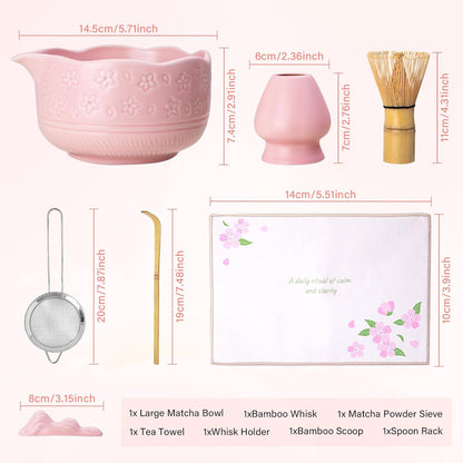 Matcha Whisk Gift Set - 7Pcs Ceramic Matcha Kit with Cherry Blossom