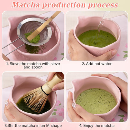 Matcha Whisk Gift Set - 7Pcs Ceramic Matcha Kit with Cherry Blossom