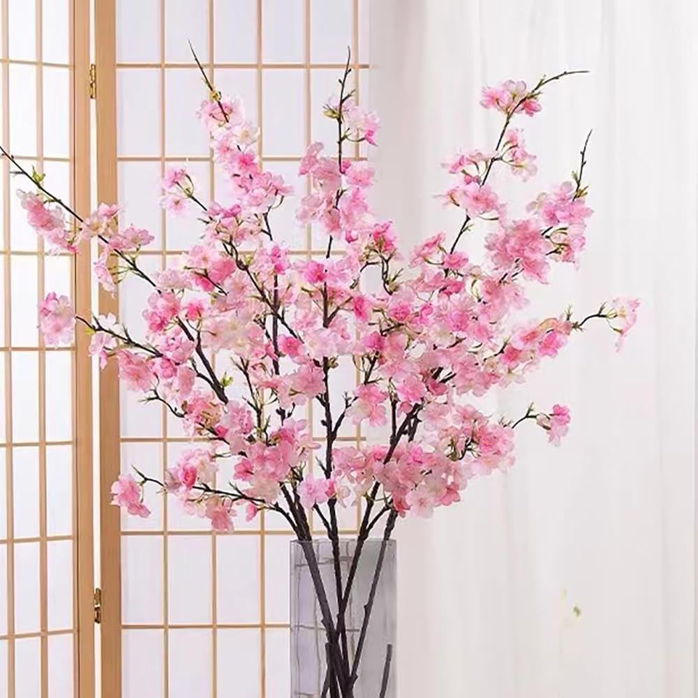 Artificial Cherry Blossom Flowers Pink Silk Peach Bulk Faux Spring Branches Arrangement Cherry Flowers Stems 4Pcs for Indoor Outdoor Wedding Table Home Dining Decor Floor vase