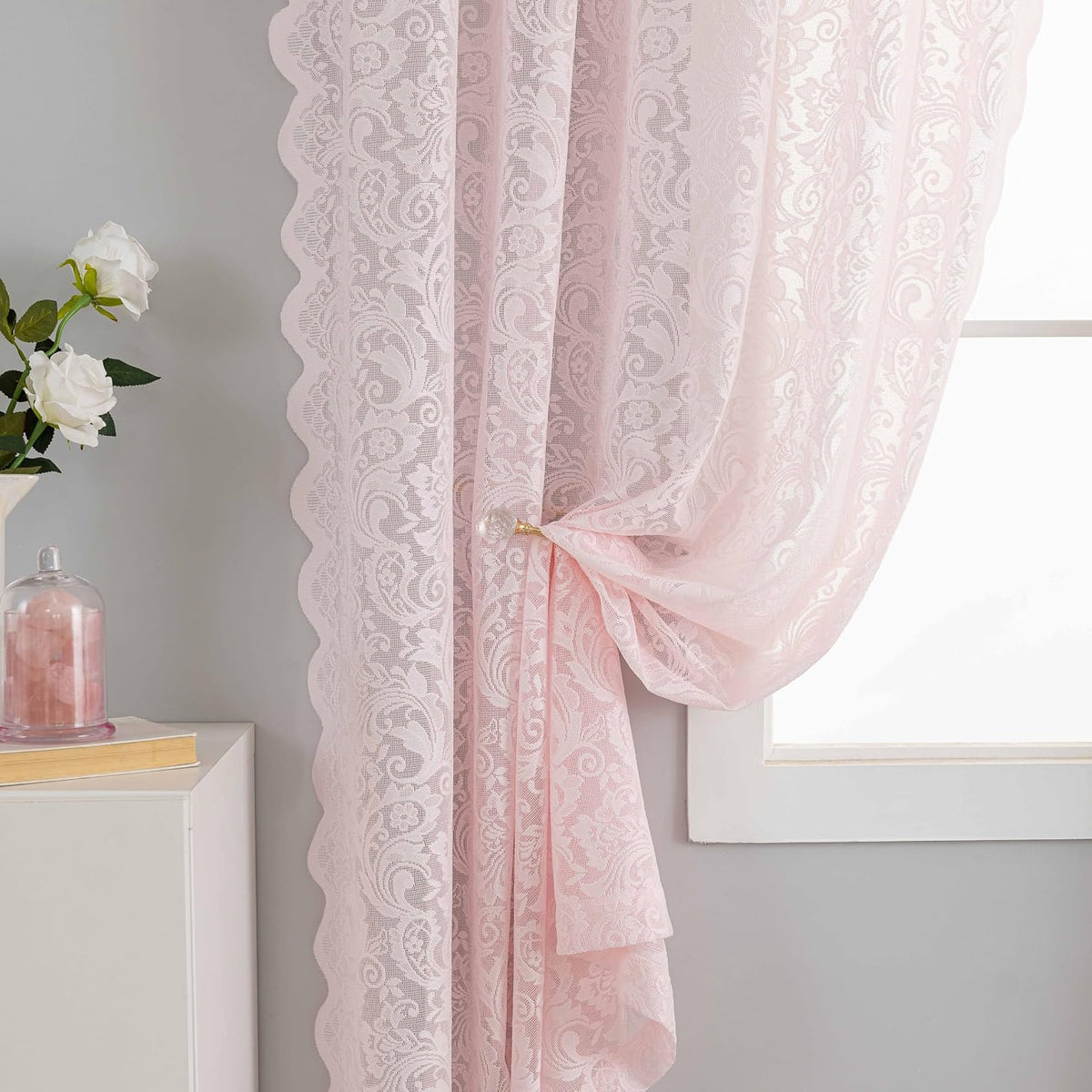Pink Lace Curtains 63 Inch Length for Girls Bedroom Nursery