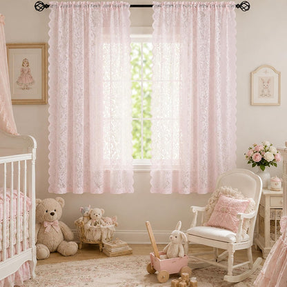Pink Lace Curtains 63 Inch Length for Girls Bedroom Nursery