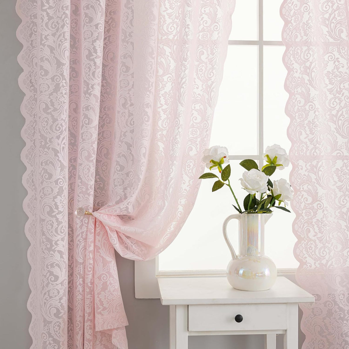 Pink Lace Curtains 63 Inch Length for Girls Bedroom Nursery