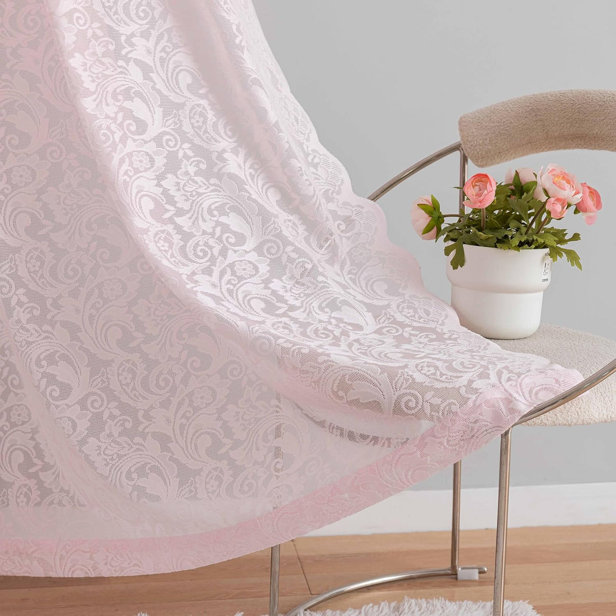 Pink Lace Curtains 63 Inch Length for Girls Bedroom Nursery