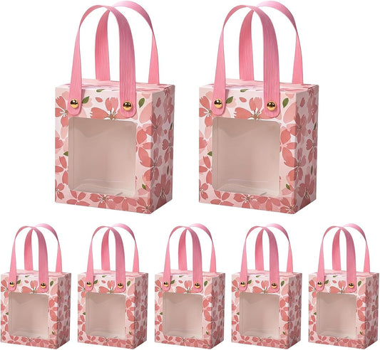 50 Pcs Treat Boxes,Golden Cherry Blossom Gift Boxes with Handle and Transparent Window,Candy Box for Wedding Favours, Birthday Party Supplies(Pink)