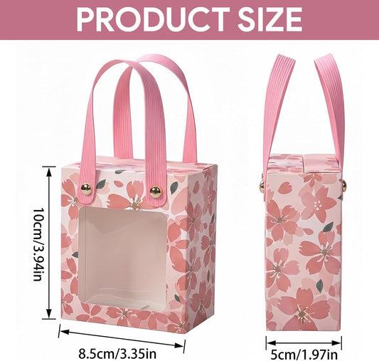 50 Pcs Treat Boxes,Golden Cherry Blossom Gift Boxes with Handle and Transparent Window,Candy Box for Wedding Favours, Birthday Party Supplies(Pink)