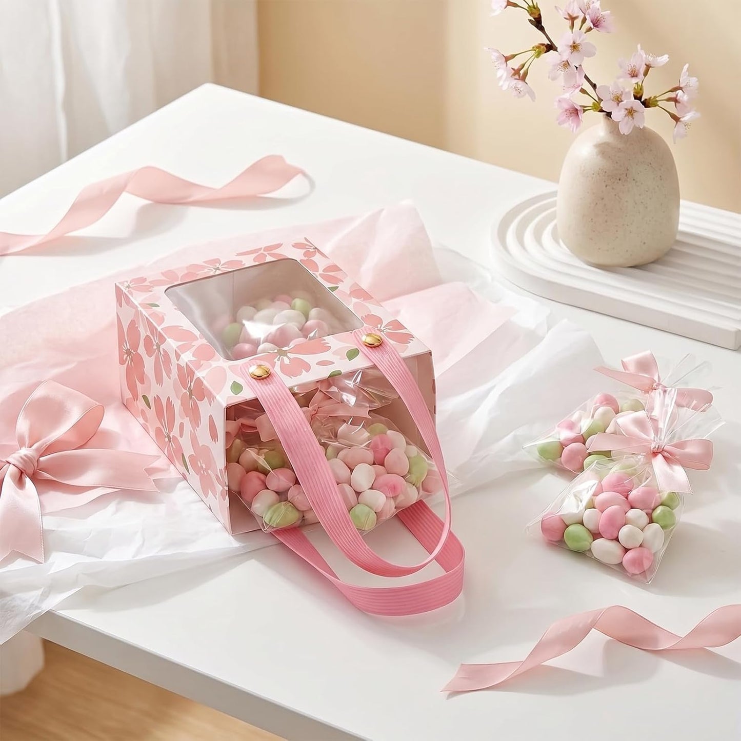 50 Pcs Treat Boxes,Golden Cherry Blossom Gift Boxes with Handle and Transparent Window,Candy Box for Wedding Favours, Birthday Party Supplies(Pink)