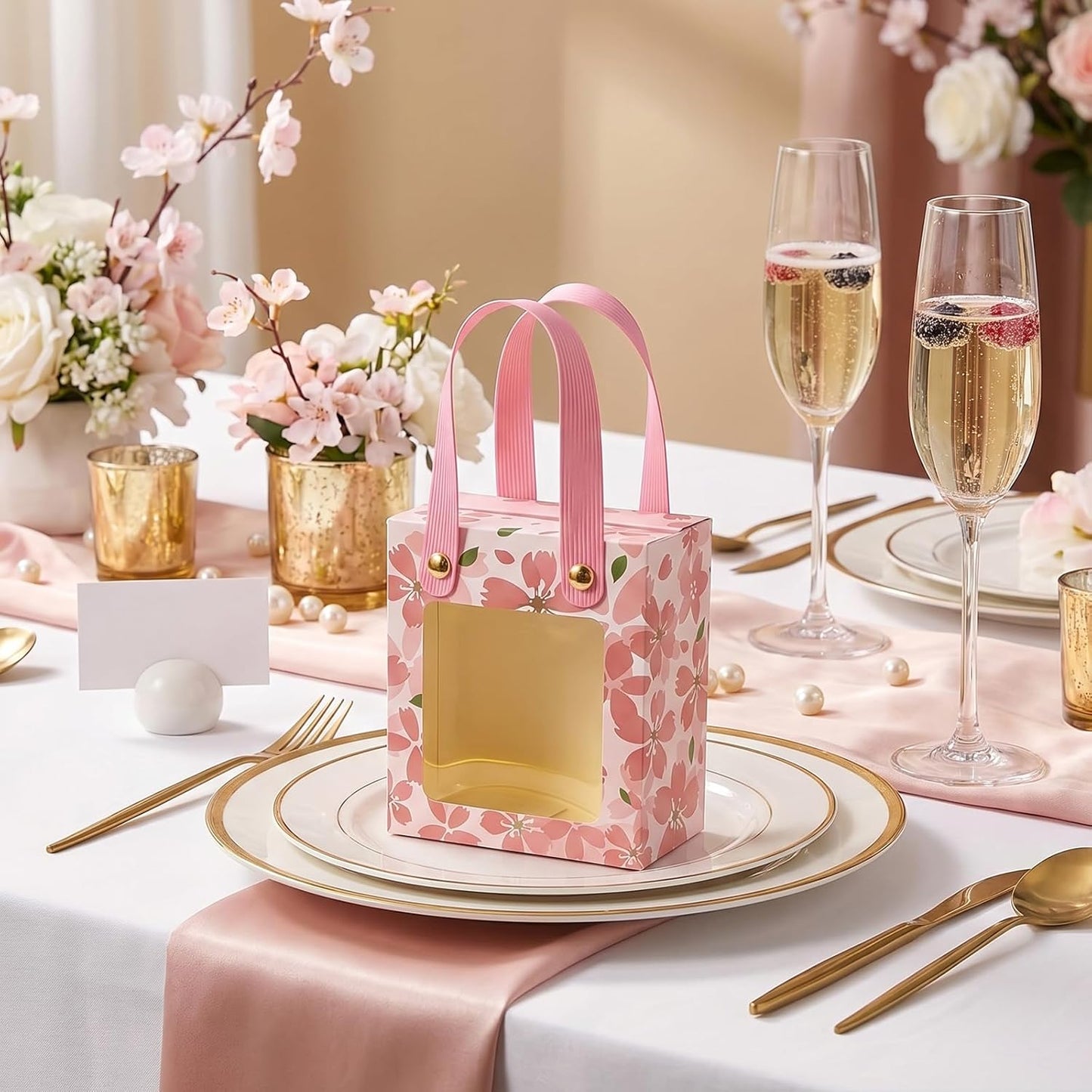 50 Pcs Treat Boxes,Golden Cherry Blossom Gift Boxes with Handle and Transparent Window,Candy Box for Wedding Favours, Birthday Party Supplies(Pink)