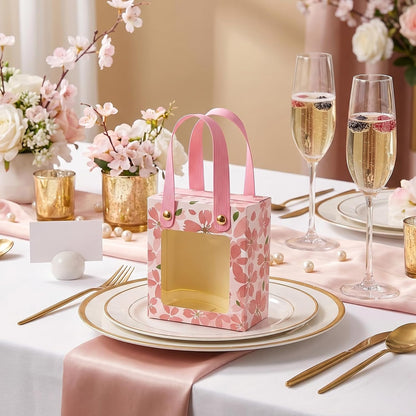 50 Pcs Treat Boxes,Golden Cherry Blossom Gift Boxes with Handle and Transparent Window,Candy Box for Wedding Favours, Birthday Party Supplies(Pink)
