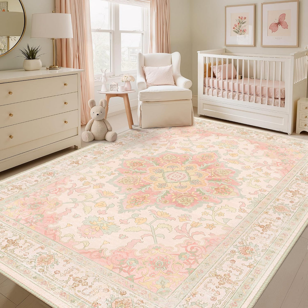 5x7 Washable Nursery Girls Low Pile Area Rug Pink Green
