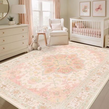 5x7 Washable Nursery Girls Low Pile Area Rug Pink Green