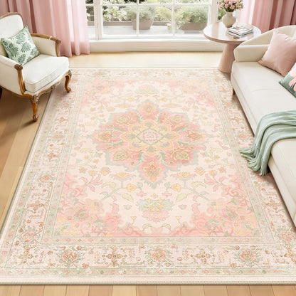 5x7 Washable Nursery Girls Low Pile Area Rug Pink Green