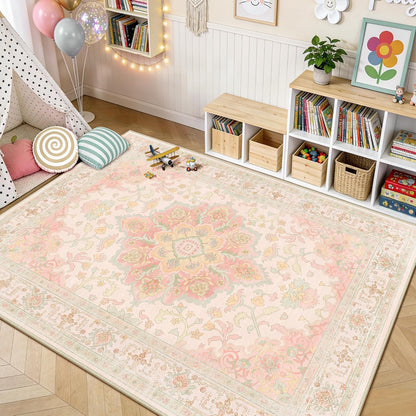 5x7 Washable Nursery Girls Low Pile Area Rug Pink Green