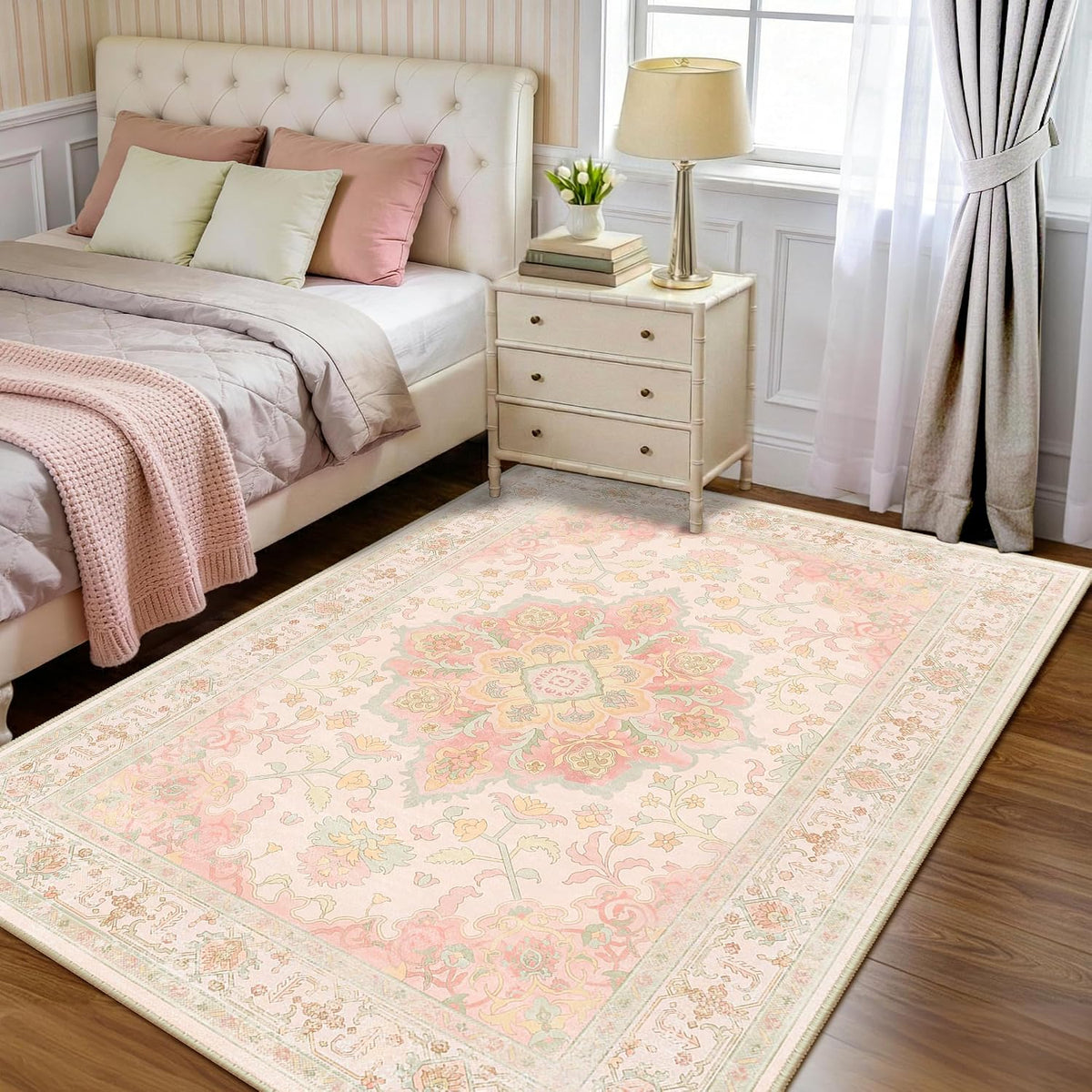 5x7 Washable Nursery Girls Low Pile Area Rug Pink Green