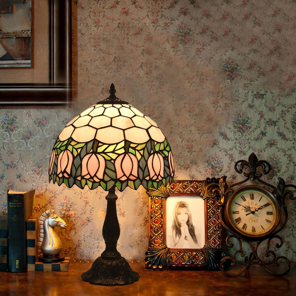 Tiffany Table Lamp,Pink Tulip Stained Glass Table Lamps for Bedroom Bedside 3 Color Temperatures Nightstand Lamp, for Living Room,Dining Room,W/LED Bulb, Mothers Gifts,12X12X19Inch