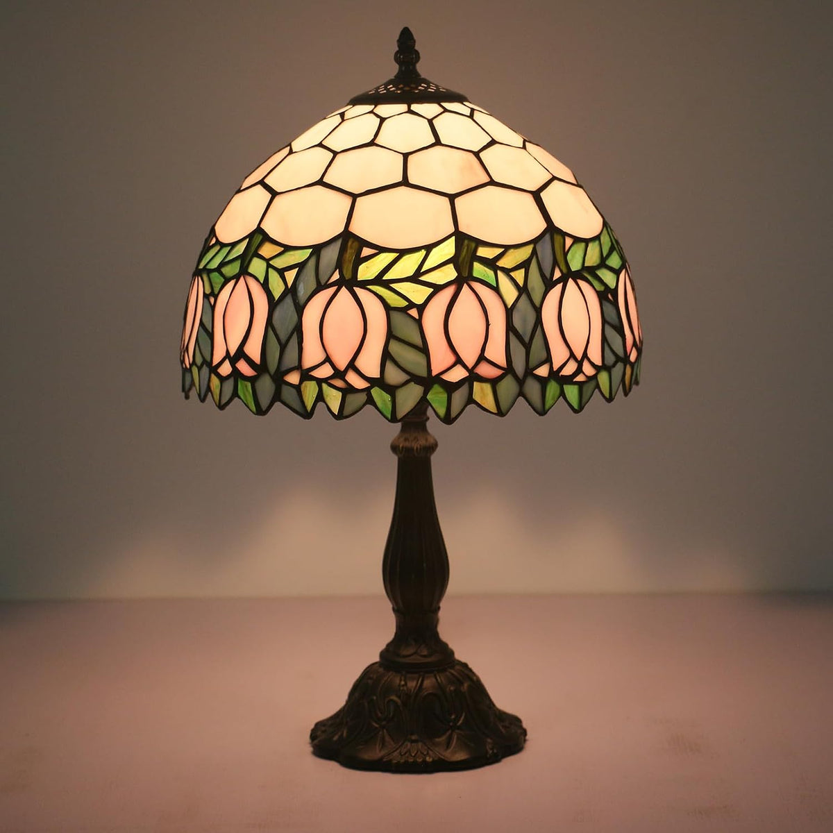 Tiffany Table Lamp,Pink Tulip Stained Glass Table Lamps for Bedroom Bedside 3 Color Temperatures Nightstand Lamp, for Living Room,Dining Room,W/LED Bulb, Mothers Gifts,12X12X19Inch