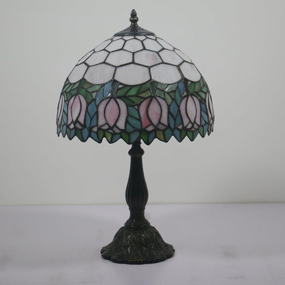 Tiffany Table Lamp,Pink Tulip Stained Glass Table Lamps for Bedroom Bedside 3 Color Temperatures Nightstand Lamp, for Living Room,Dining Room,W/LED Bulb, Mothers Gifts,12X12X19Inch