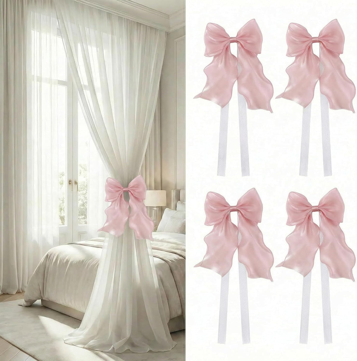4 Pack Silky Bow Curtain Tiebacks, Lace Ribbon Bowknot Holdbacks, Elegant French Bow Tiebacks for Weddings, Home, Bedroom, Office Decor (Pink)