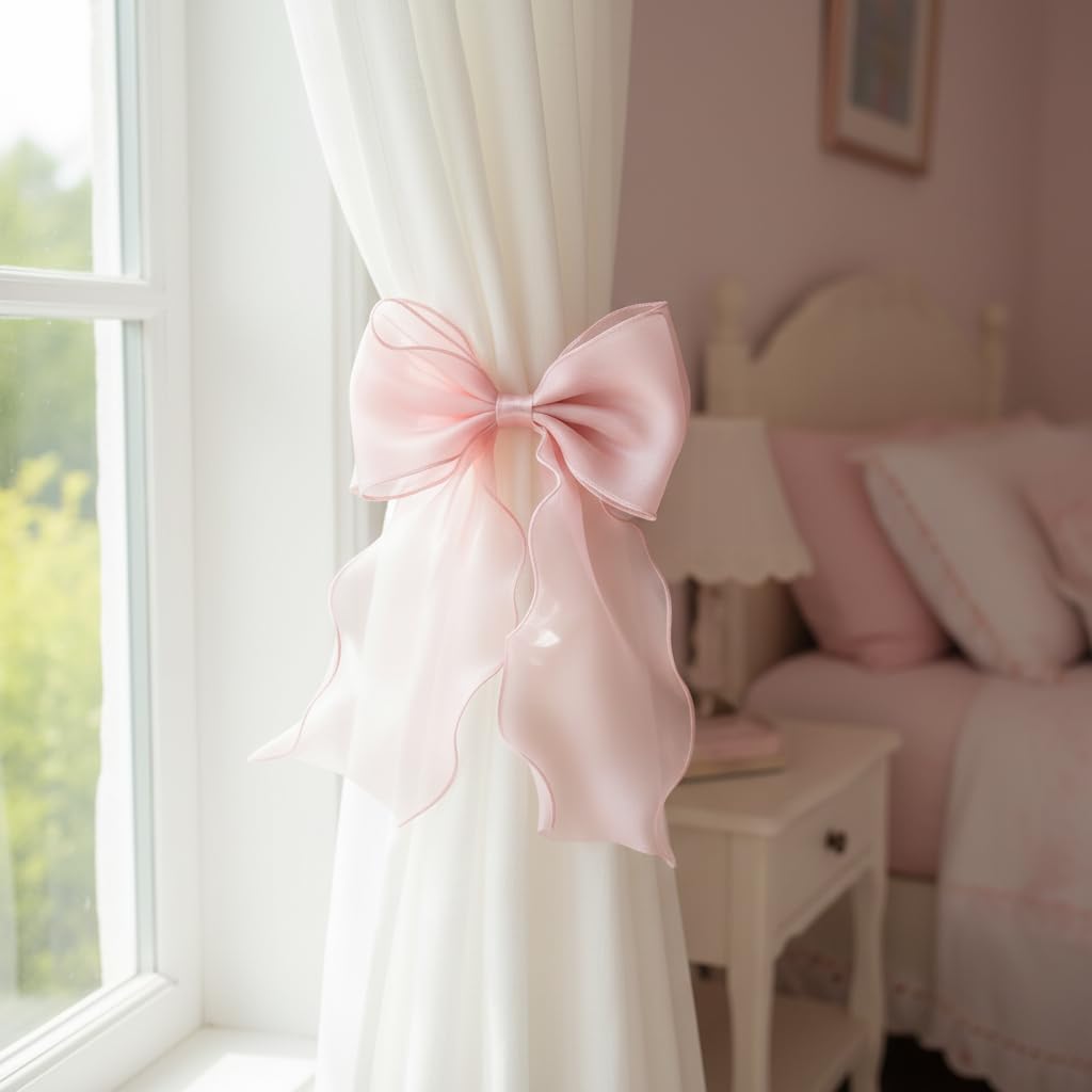 4 Pack Silky Bow Curtain Tiebacks, Lace Ribbon Bowknot Holdbacks, Elegant French Bow Tiebacks for Weddings, Home, Bedroom, Office Decor (Pink)