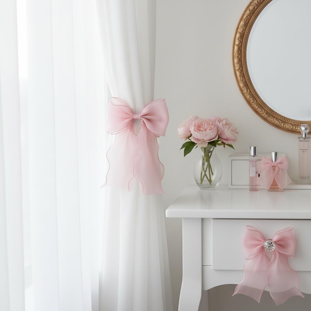 4 Pack Silky Bow Curtain Tiebacks, Lace Ribbon Bowknot Holdbacks, Elegant French Bow Tiebacks for Weddings, Home, Bedroom, Office Decor (Pink)