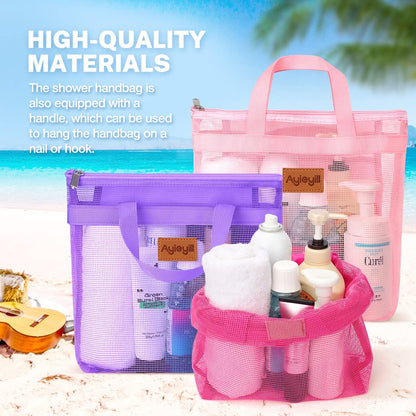 3 Pcs Portable Mesh Shower Caddy Tote, Quick Dry Tote Bag Mesh Beach Bags for Women, Hanging Toiletry and Bath Organizer for Travel Swimming Sports Gym Camp Shopping College Dorms (Pink Purple Rose)