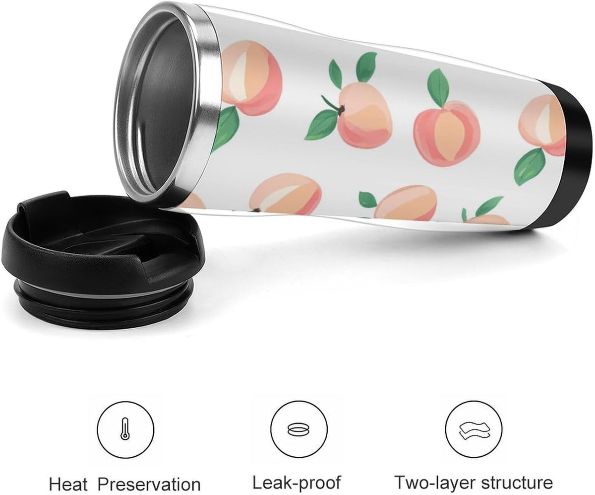 Peach Pattern Tumbler Stainless Steel Coffee Cup Leak-proof Travel Mug Water Bottle with Lid