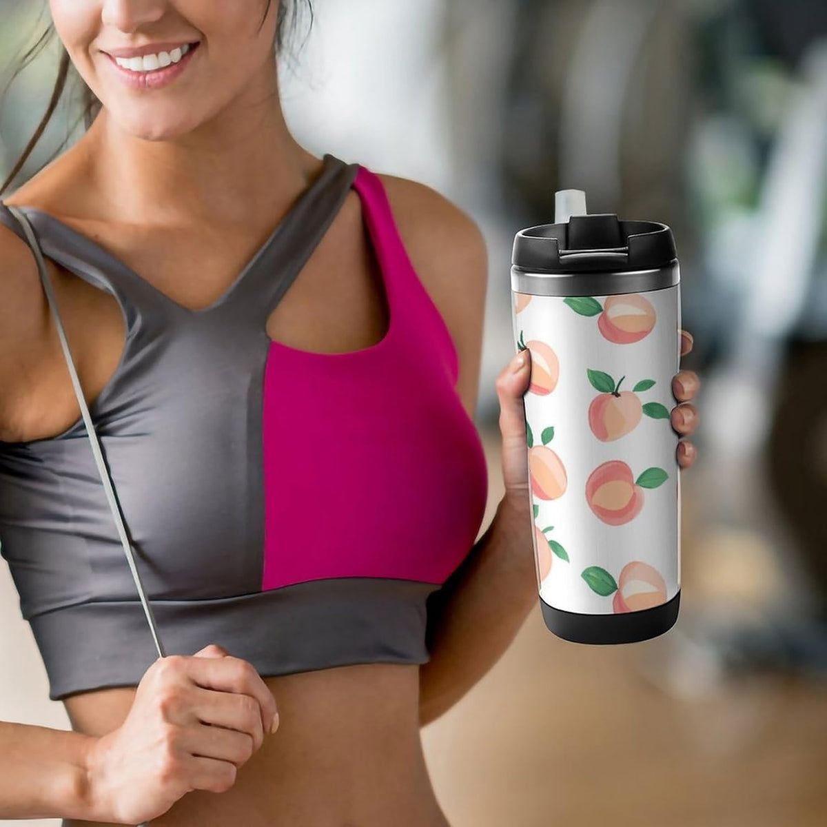 Peach Pattern Tumbler Stainless Steel Coffee Cup Leak-proof Travel Mug Water Bottle with Lid