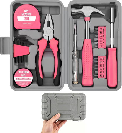 24-Piece Tool Set, Mini Tool Kit, Tool Kit for Home (Pink)