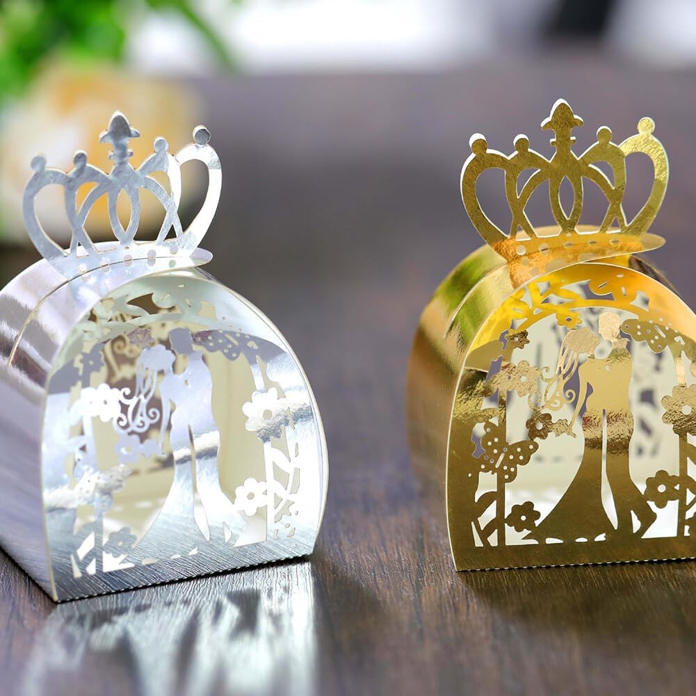Katutude 50 Pcs Wedding Party Favor Boxes Bride and Groom Hollow Flower Wedding Party Favor Candy Boxes Small Gift Box for Bridal Shower Anniverary Birthday Wedding Party Favor