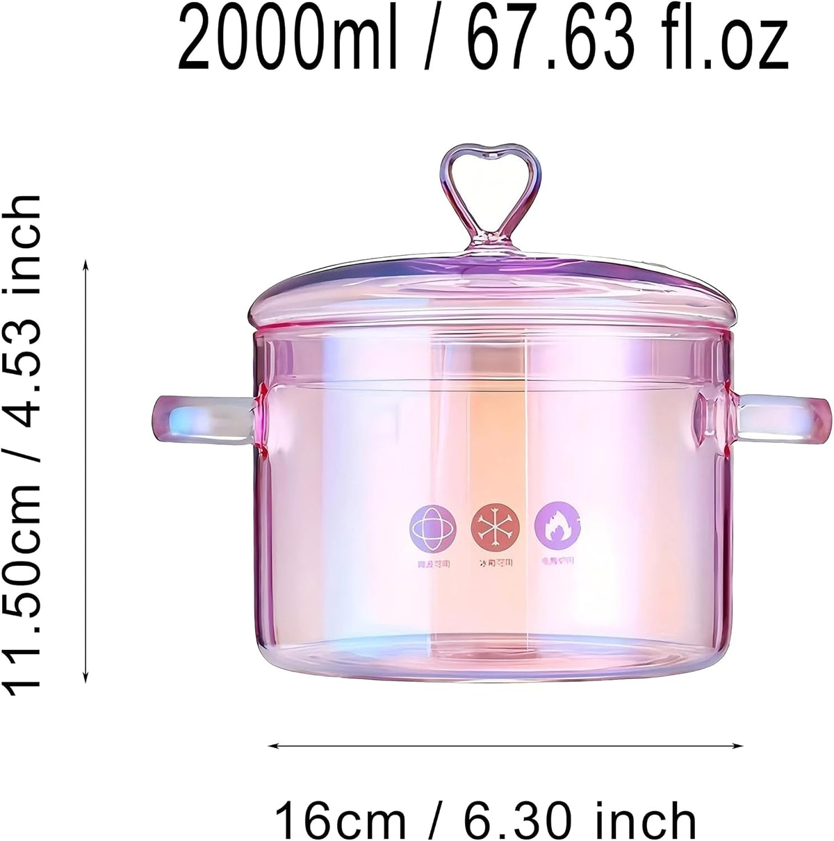 2L = 67.63 fl. oz. Clear Glass Pot with Lid Saucepan,pink