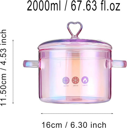 2L = 67.63 fl. oz. Clear Glass Pot with Lid Saucepan,pink