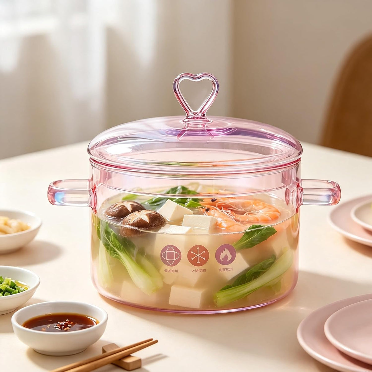 2L = 67.63 fl. oz. Clear Glass Pot with Lid Saucepan,pink