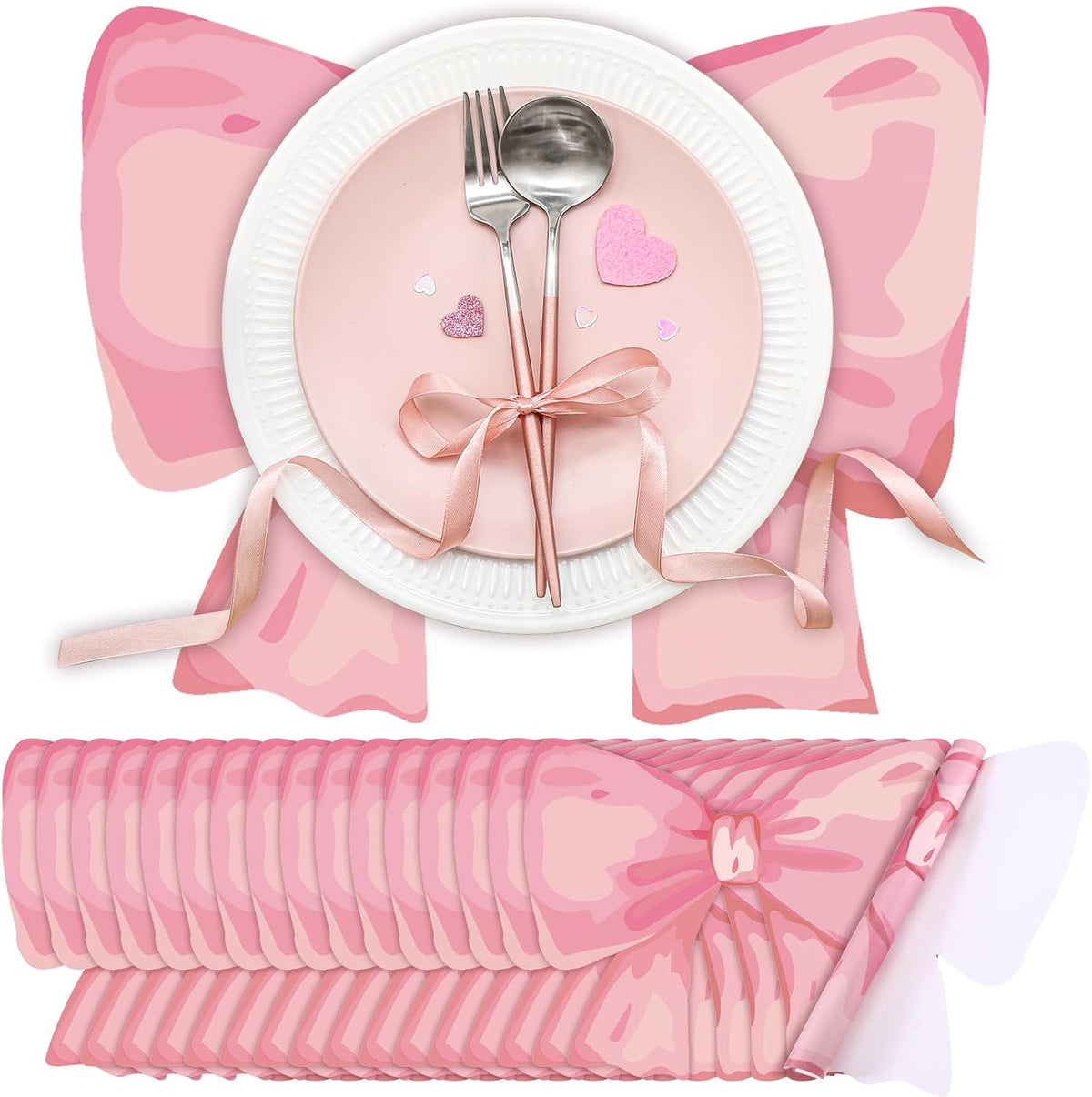 Disposable Bow Placemats Coquette Bow Table Mats Slice 13.8 Inches Decorative Paper Placemats for Birthday Bridal Wedding Party Table Setting(Pink,50 Pack)