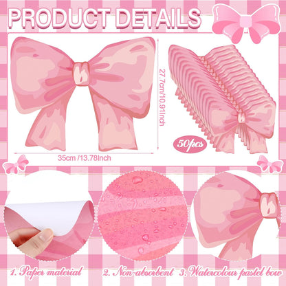 Disposable Bow Placemats Coquette Bow Table Mats Slice 13.8 Inches Decorative Paper Placemats for Birthday Bridal Wedding Party Table Setting(Pink,50 Pack)