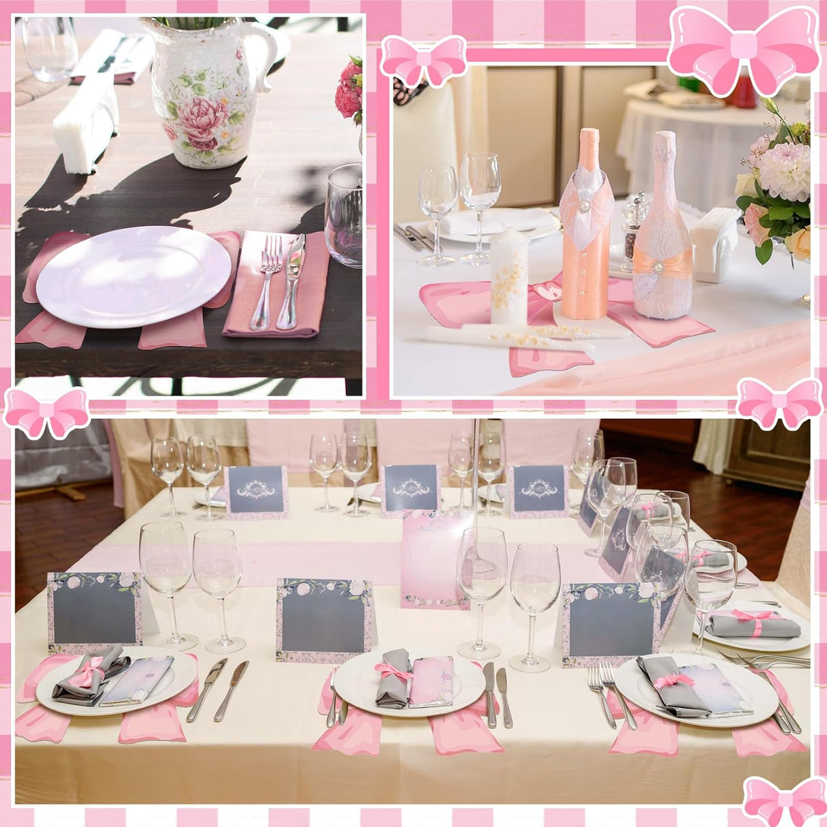 Disposable Bow Placemats Coquette Bow Table Mats Slice 13.8 Inches Decorative Paper Placemats for Birthday Bridal Wedding Party Table Setting(Pink,50 Pack)