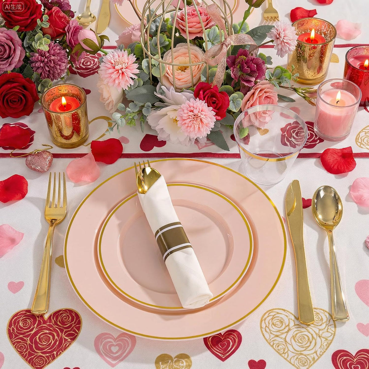SUT 350 Pcs Pink and Gold Plastic Dinnerware Set for 50 Guests, Include: 50 Dinner Plates, 50 Dessert Plates, 50 Pre Rolled Napkins With Silverware, 50 Cups, Disposable Plates for Baby Shower, Party