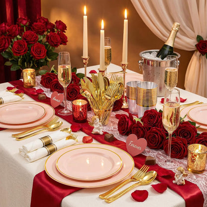 SUT 350 Pcs Pink and Gold Plastic Dinnerware Set for 50 Guests, Include: 50 Dinner Plates, 50 Dessert Plates, 50 Pre Rolled Napkins With Silverware, 50 Cups, Disposable Plates for Baby Shower, Party