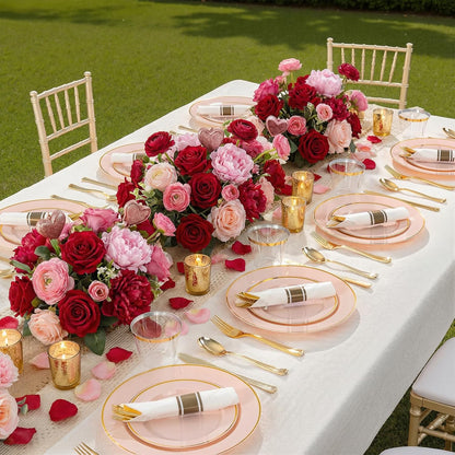 SUT 350 Pcs Pink and Gold Plastic Dinnerware Set for 50 Guests, Include: 50 Dinner Plates, 50 Dessert Plates, 50 Pre Rolled Napkins With Silverware, 50 Cups, Disposable Plates for Baby Shower, Party