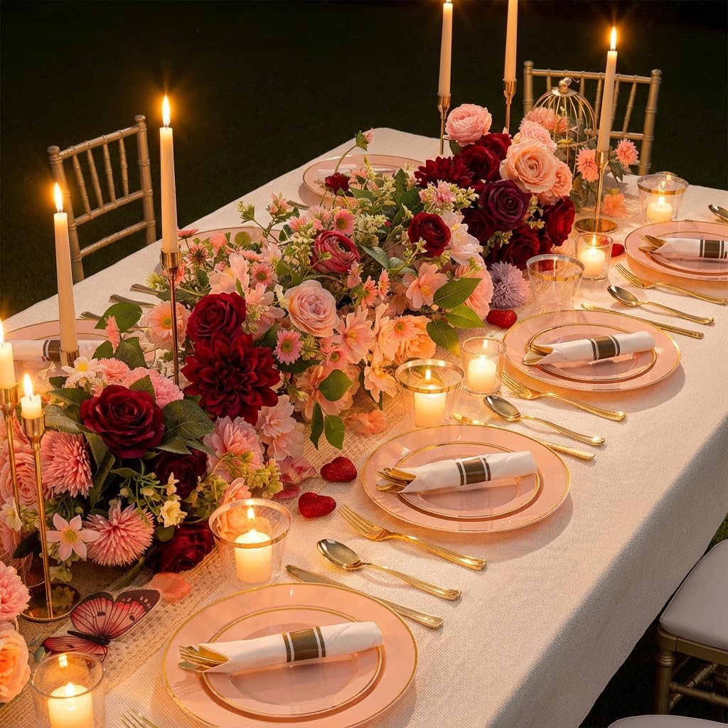 SUT 350 Pcs Pink and Gold Plastic Dinnerware Set for 50 Guests, Include: 50 Dinner Plates, 50 Dessert Plates, 50 Pre Rolled Napkins With Silverware, 50 Cups, Disposable Plates for Baby Shower, Party