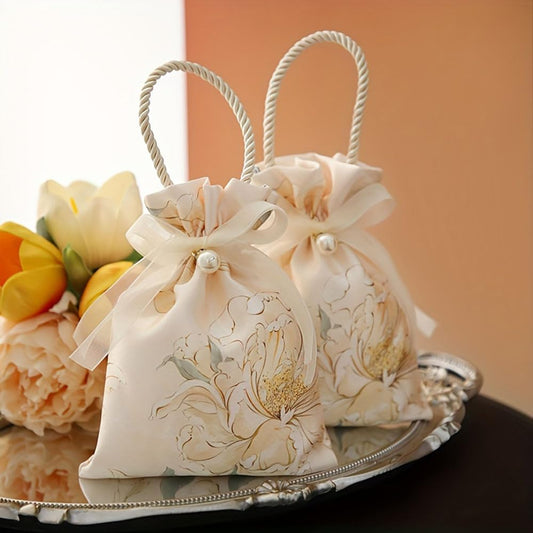 10PCS Elegant Floral Drawstring Gift Bags with Pearl Accent and Bow Closure, Rope Handle Favor Pouch for Wedding, Birthday, Crafts, ChampagneColor
