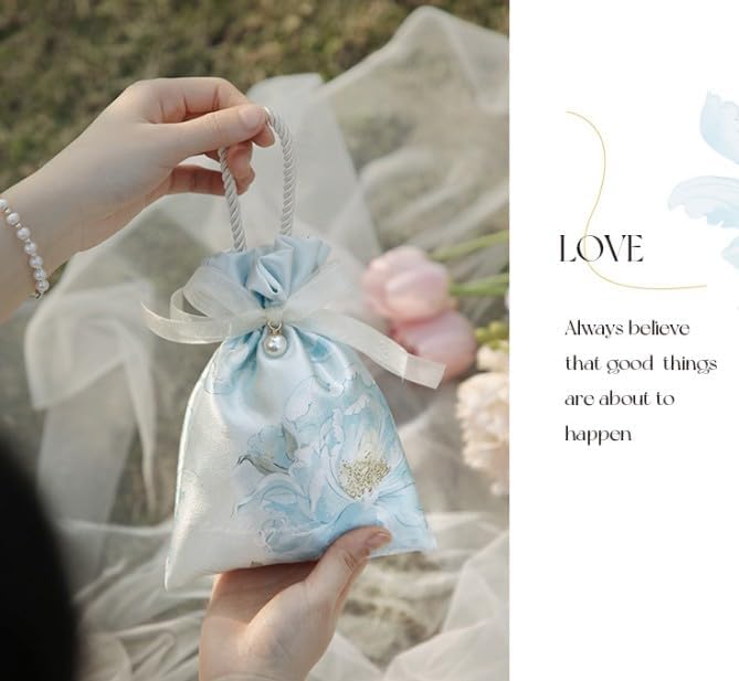 10PCS Elegant Floral Drawstring Gift Bags with Pearl Accent and Bow Closure, Rope Handle Favor Pouch for Wedding, Birthday, Crafts, ChampagneColor